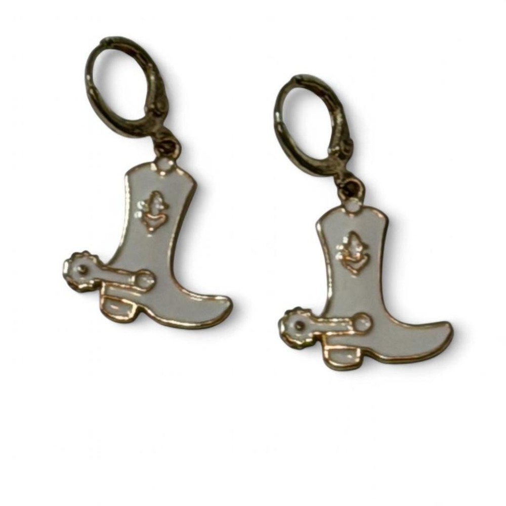White Enamel Cowboy Boot‎ Dangle Earrings